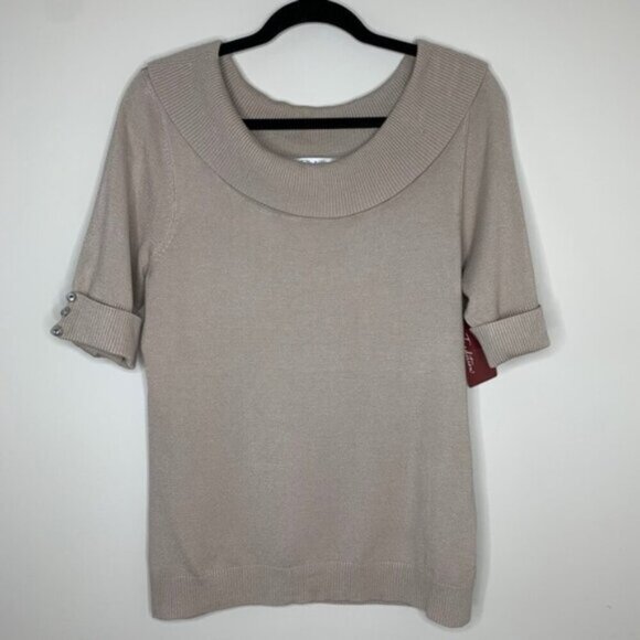 Tradition Women's Cowl Neck Sweater Top 3/4 Length Sleeve Stretch Taupe y2k - Picture 6 of 16